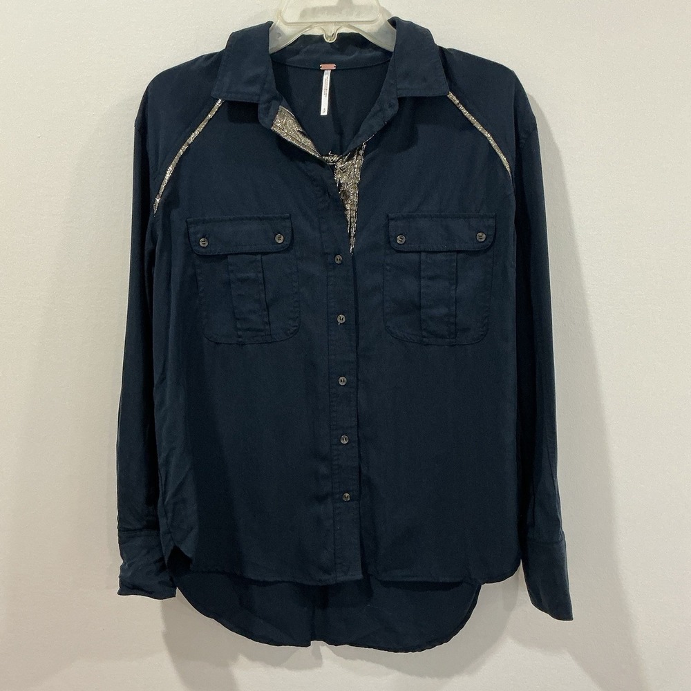 Free People Off Campus Top Womens Sz S Metallic Shimmer Navy Button Down Blouse